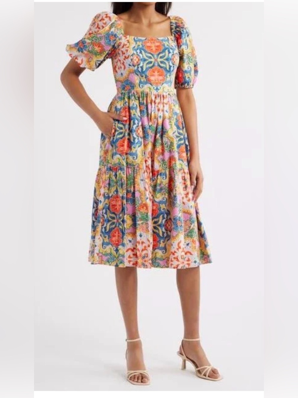 Vince Camuto Women's Print Square Neck Puff Sleeve Midi Dress - Picture 1 of 8